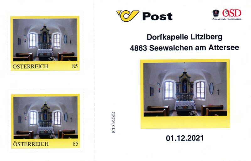Datei:Briefmarken Seewalchen Dorfkapelle Litzlberg 1.12.21.jpg